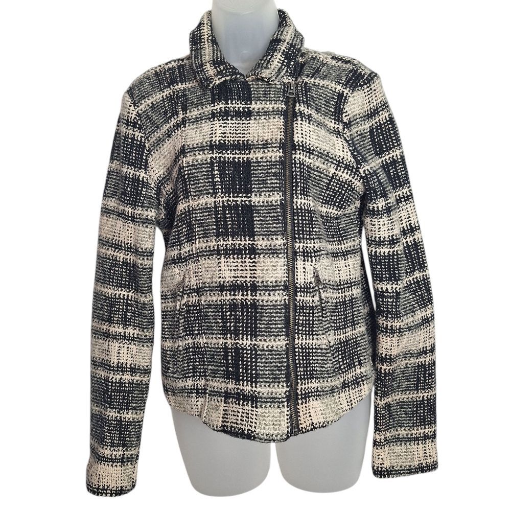 Lucky Brand Tweed Moto Jacket Zip Indie Office Chic Cotton Large Womens